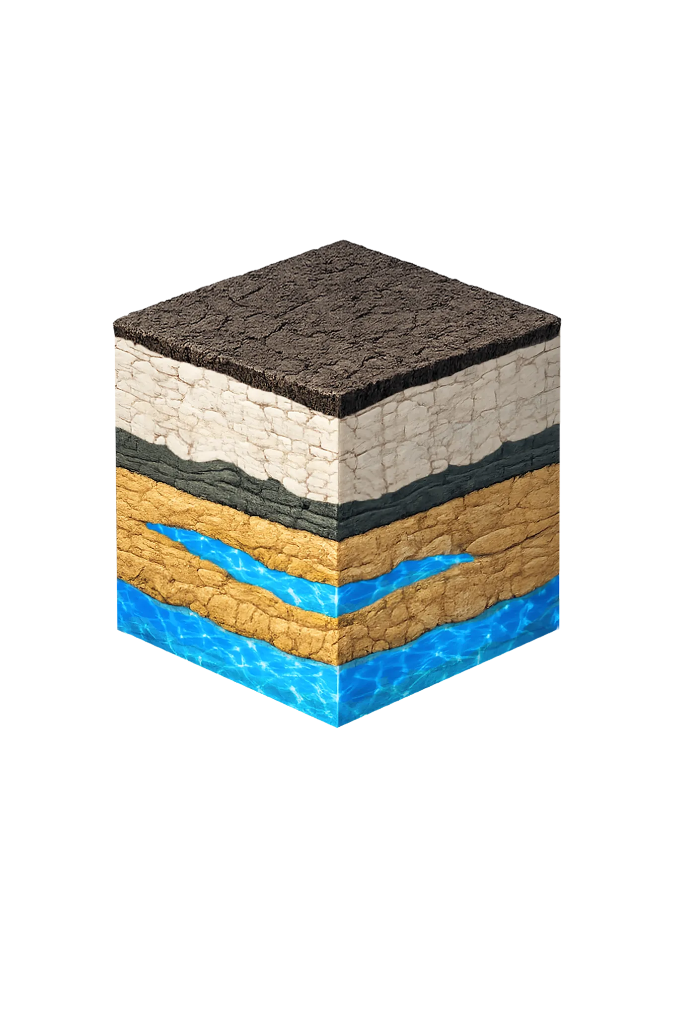 Isometric geological cross-section cube illustration showing Collin County, Texas stratigraphy — Topsoil, Surface materials and younger Upper Cretaceous units above the Woodbine, Woodbine Group / Woodbine Aquifer, Washita and Fredericksburg Groups, and the Woodbine aquifer at the base.