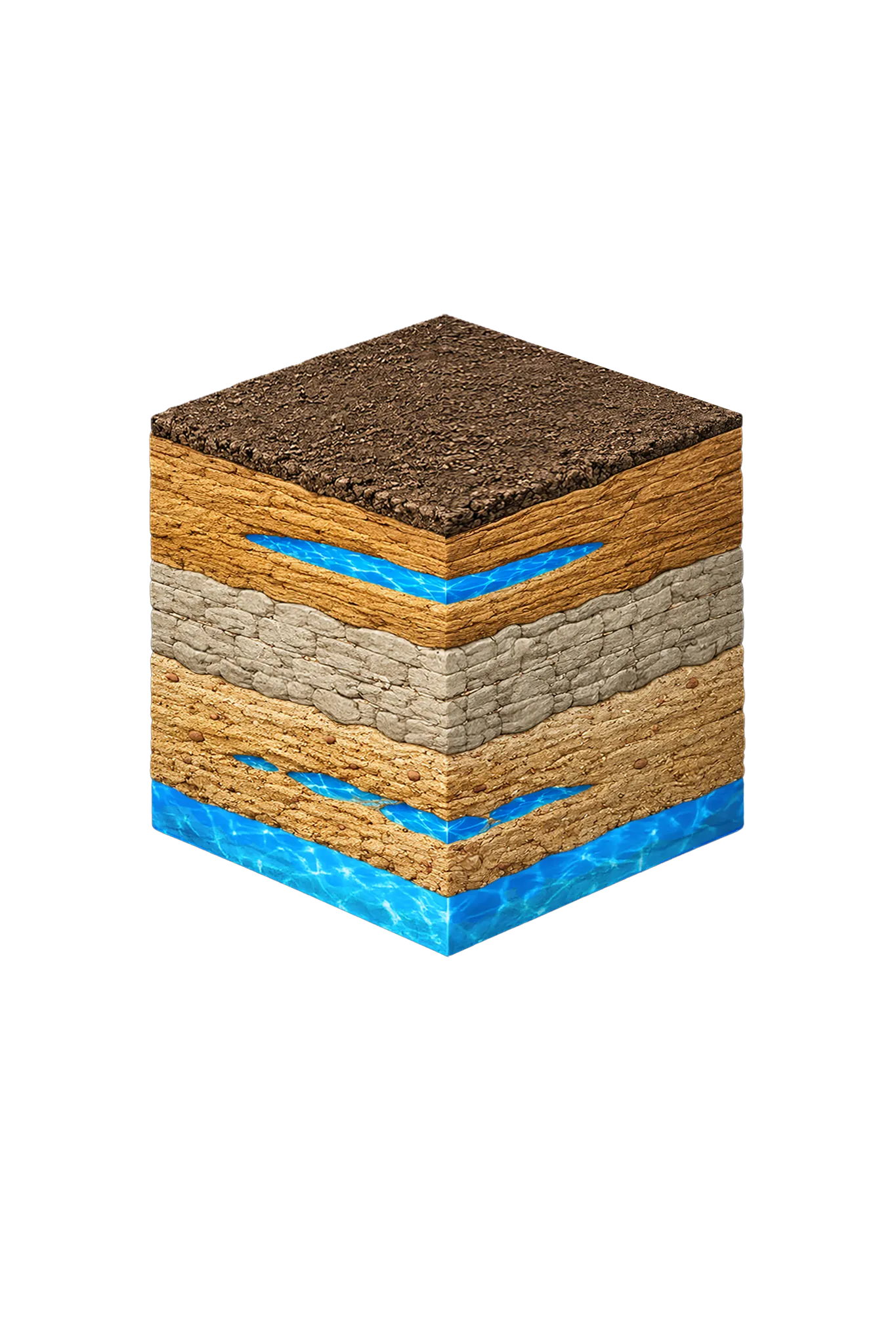 Isometric geological cross-section cube illustration showing Cooke County, Texas stratigraphy — Topsoil, Local alluvium along Red River and major streams, Washita and Fredericksburg Groups (confining units), Antlers Formation (Trinity), and the Trinity (Antlers) aquifer at the base.