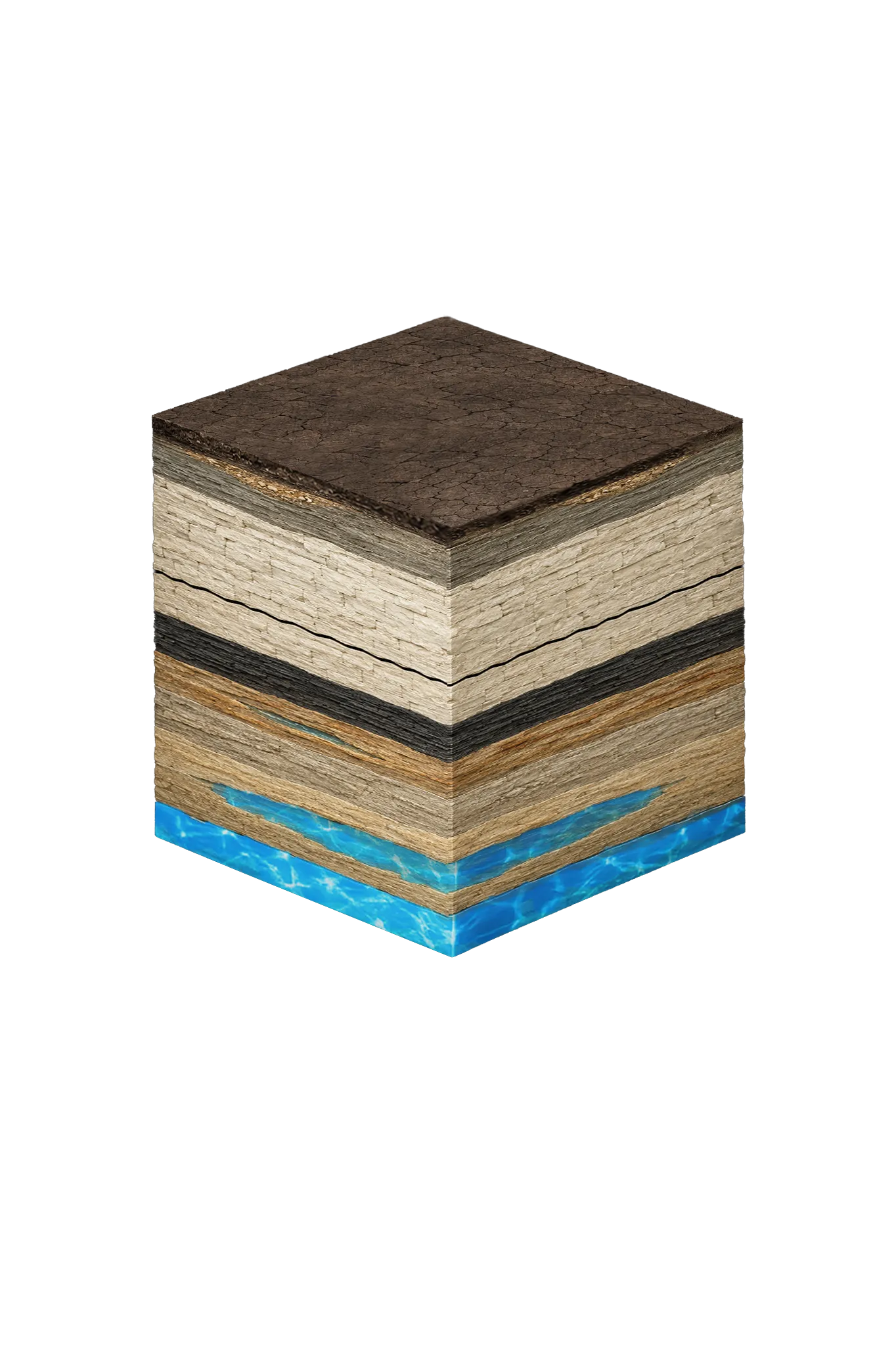 Isometric geological cross-section cube illustration showing Dallas County, Texas stratigraphy — Topsoil, Quaternary alluvium / terrace (Trinity River corridor only), Taylor Group (eastern Dallas County only), Austin Chalk, Eagle Ford Group, Washita and Fredericksburg confining units, Trinity Group (Paluxy, Glen Rose, Twin Mountains), and the Trinity (deep, confined) aquifer at the base.