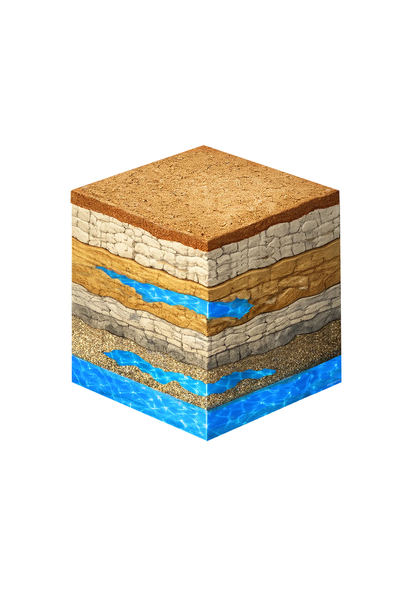 Isometric geological cross-section cube illustration showing Denton County, Texas stratigraphy — Topsoil, Local alluvium (Elm Fork of the Trinity, Ray Roberts and Lewisville lake margins), Woodbine Aquifer (eastern Denton County), Washita and Fredericksburg Groups, Paluxy Formation (Trinity upper unit), Glen Rose Formation (southern Denton County only), Twin Mountains Formation (southern Denton County) / Antlers Formation (northern Denton County), and the Trinity (Paluxy / Glen Rose / Twin Mountains; Antlers in northern Denton County) aquifer at the base.