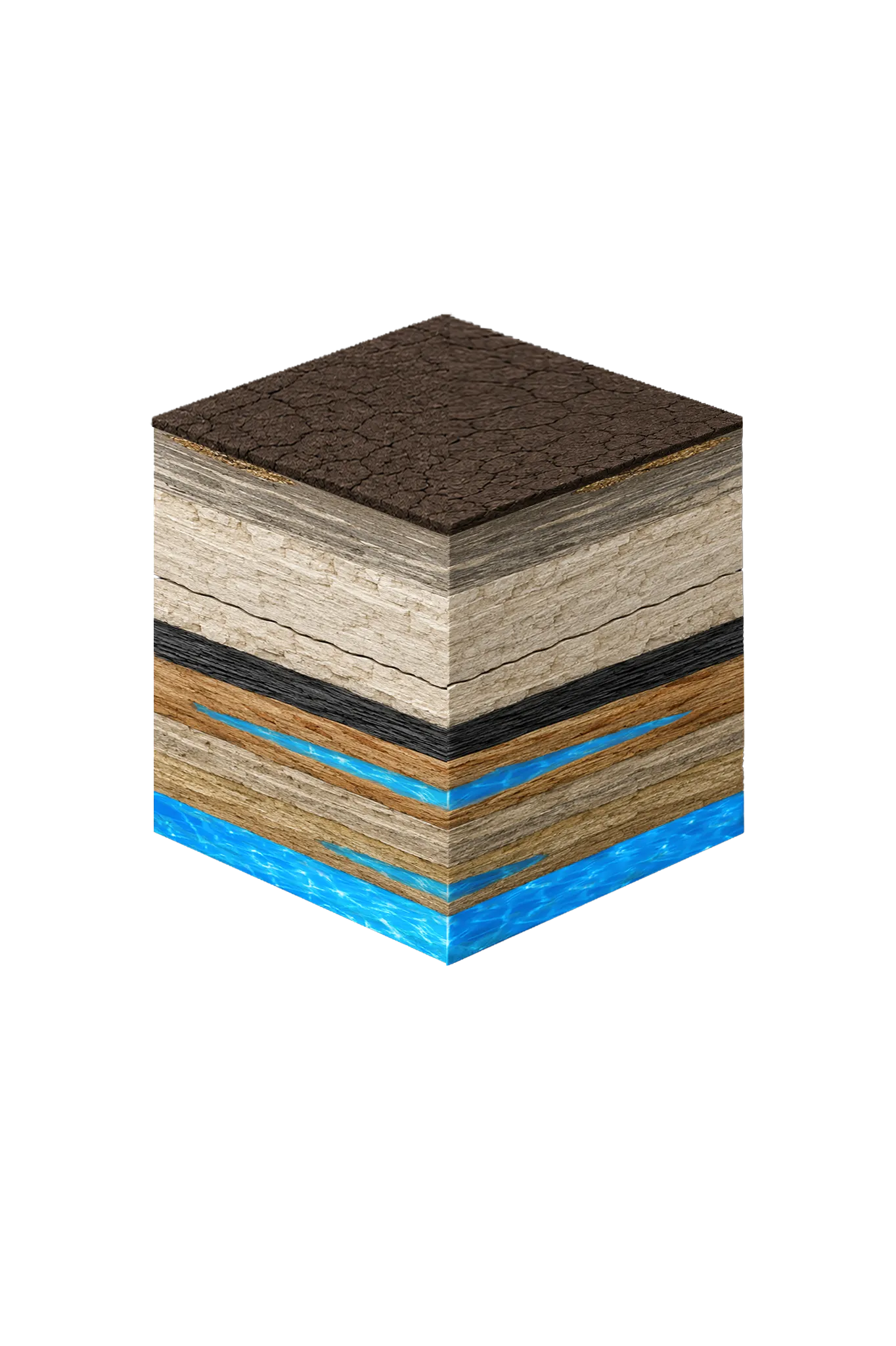 Isometric geological cross-section cube illustration showing Ellis County, Texas stratigraphy — Topsoil, Taylor Group / younger Upper Cretaceous marl, chalk, and clay, Austin Chalk, Eagle Ford Shale, Woodbine Formation / Woodbine Aquifer, Washita and Fredericksburg Groups, and the Woodbine aquifer at the base.
