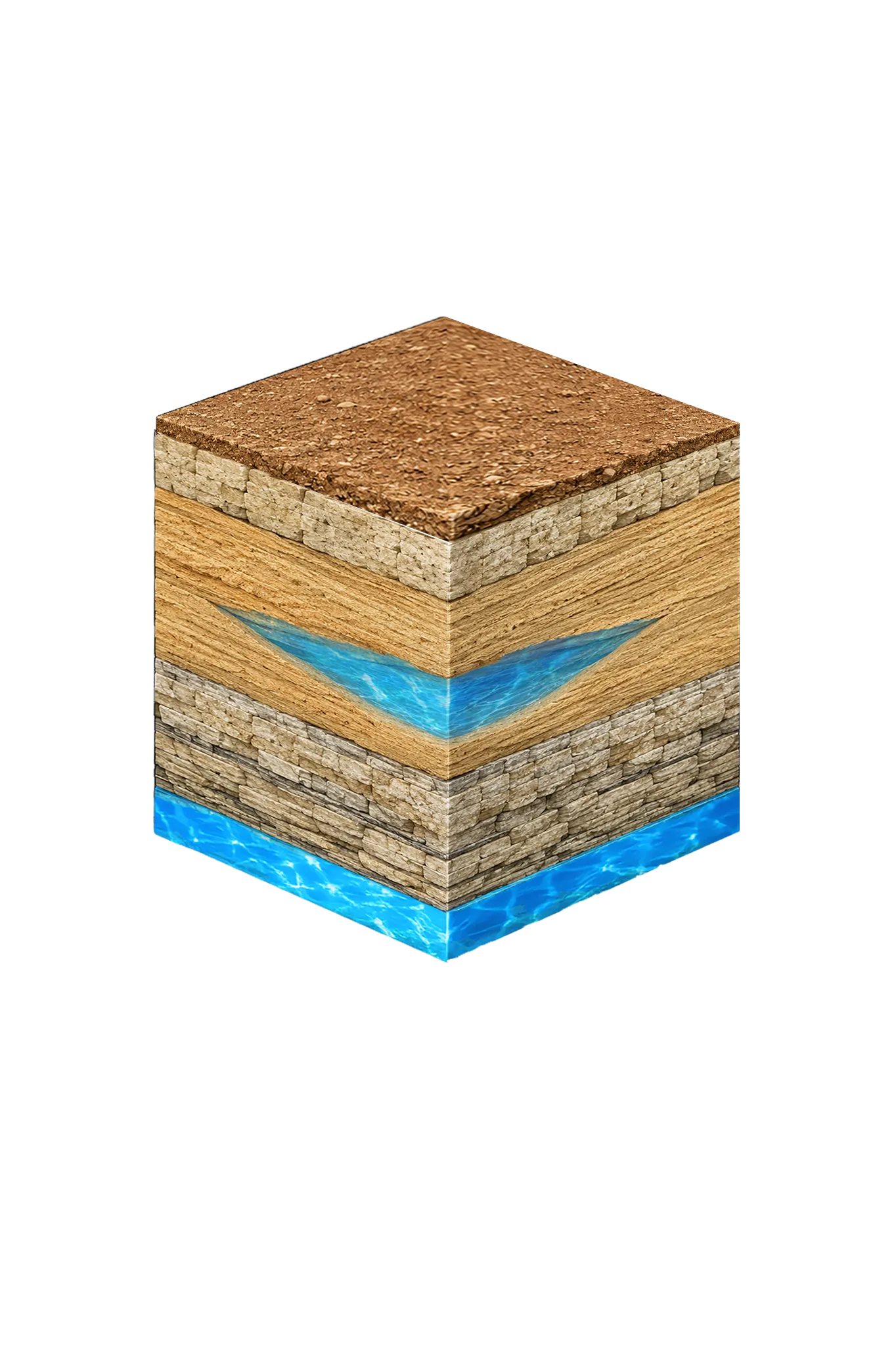 Isometric geological cross-section cube illustration showing Erath County, Texas stratigraphy — Topsoil, Paluxy (Upper Trinity sand), Glen Rose (Middle Trinity), Twin Mountains (Lower Trinity basal sand), and the Trinity aquifer at the base.