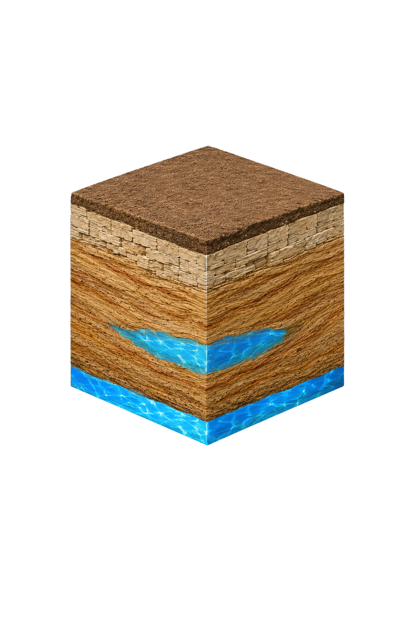 Isometric geological cross-section cube illustration showing Fannin County, Texas stratigraphy — Topsoil, Cretaceous limestone outcrop transition, Woodbine Formation / Woodbine Aquifer, Washita and Fredericksburg Groups, and the Woodbine aquifer at the base.