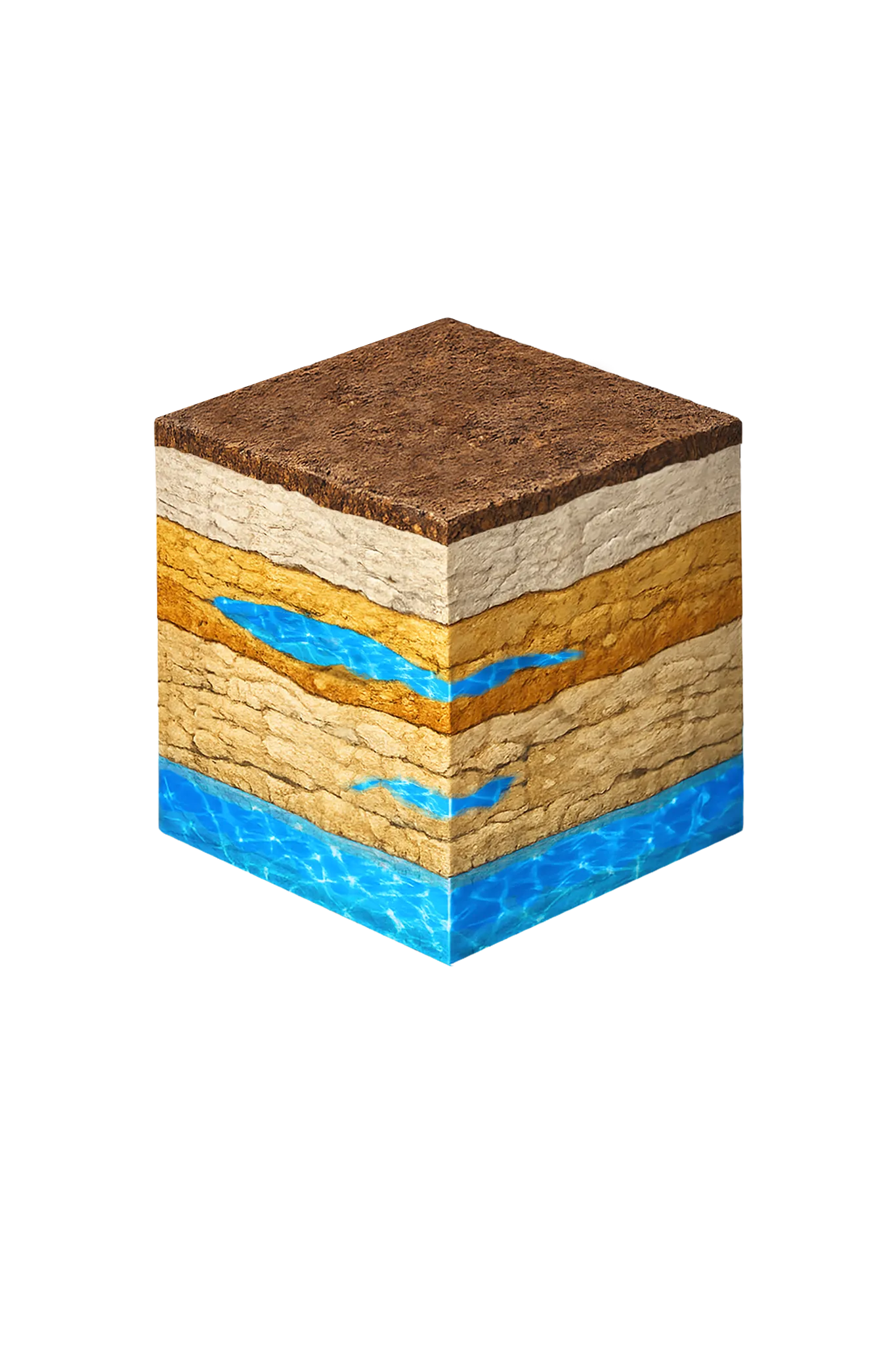 Isometric geological cross-section cube illustration showing Grayson County, Texas stratigraphy — Topsoil, Upper Cretaceous units above Woodbine (Pawpaw Fm, Eagle Ford Shale, Austin Chalk), Woodbine Formation / Woodbine Aquifer, Fredericksburg/Washita interval, and the Woodbine aquifer at the base.