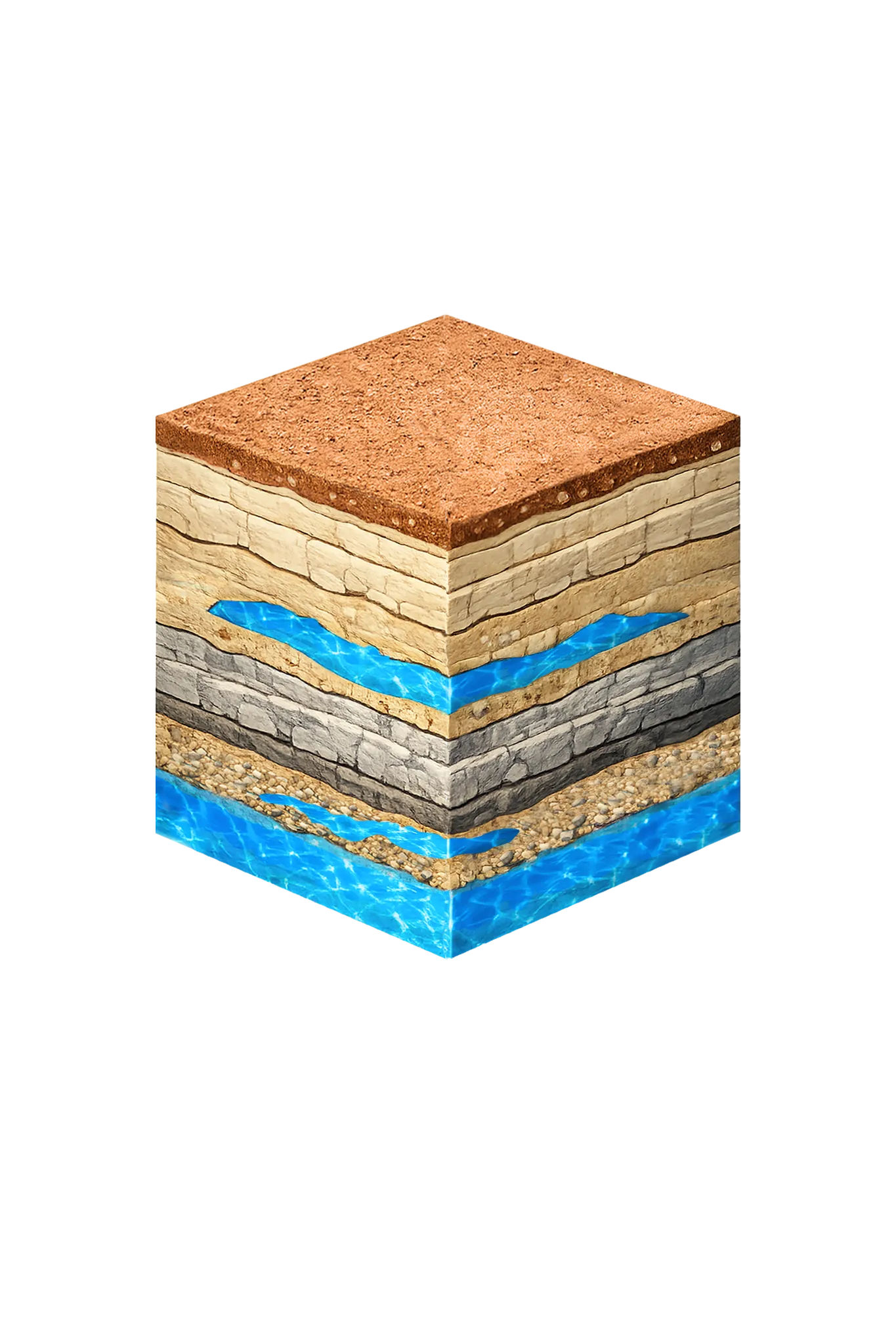 Isometric geological cross-section cube illustration showing Hood County, Texas stratigraphy — Topsoil, Paluxy Sand (upper Trinity), Glen Rose Formation, Twin Mountains Formation, Lower Trinity equivalents (Travis Peak, Hensell, Hosston, and the Trinity (Paluxy / Glen Rose / Twin Mountains) aquifer at the base.