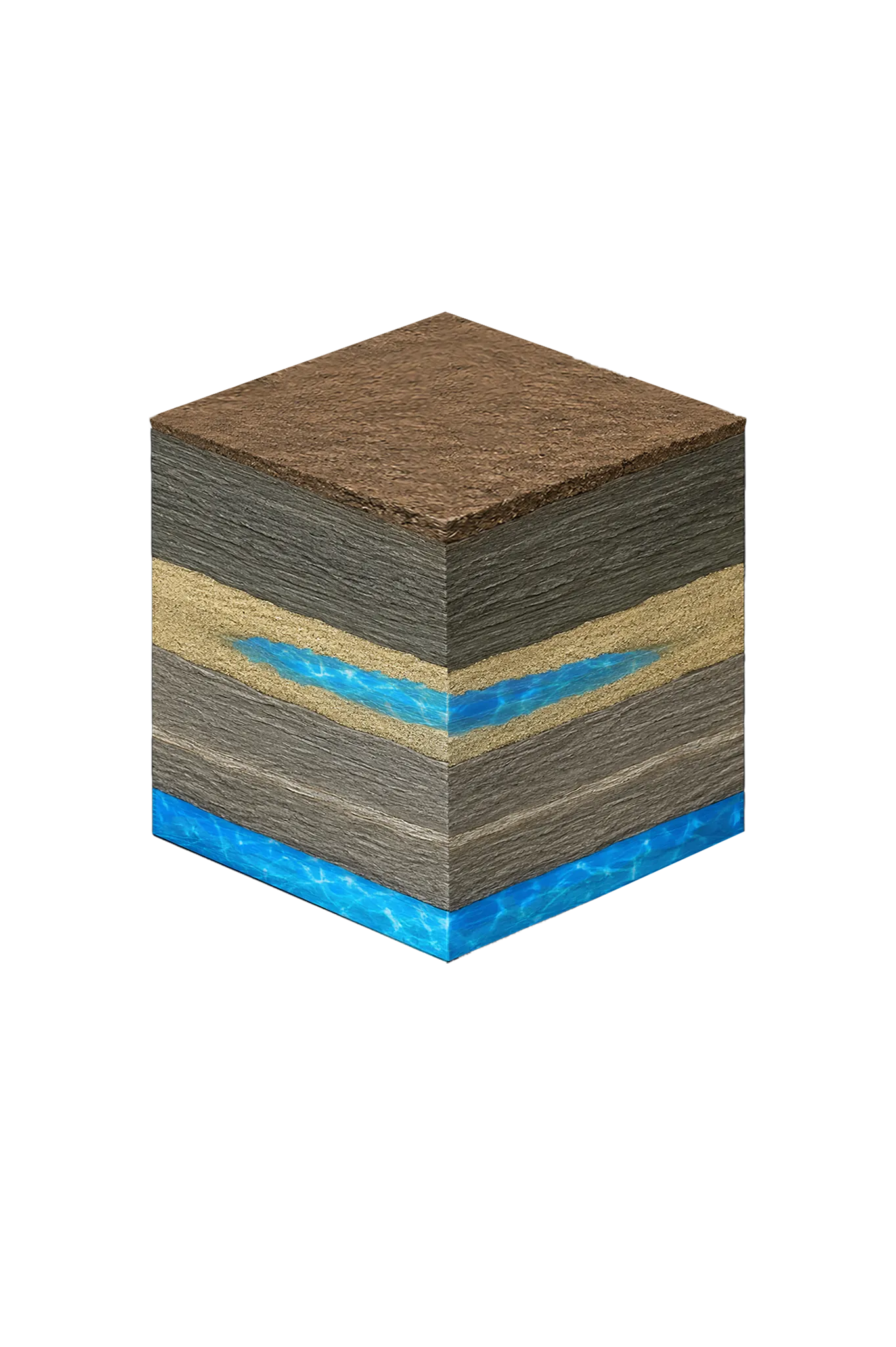 Isometric geological cross-section cube illustration showing Hunt County, Texas stratigraphy — Topsoil, Navarro Group clays and marls (Kemp Clay, Corsicana Marl), Nacatoch Sand, Taylor Group (incl. Wolfe City Sand) / Austin Group, and the Nacatoch Sand aquifer at the base.