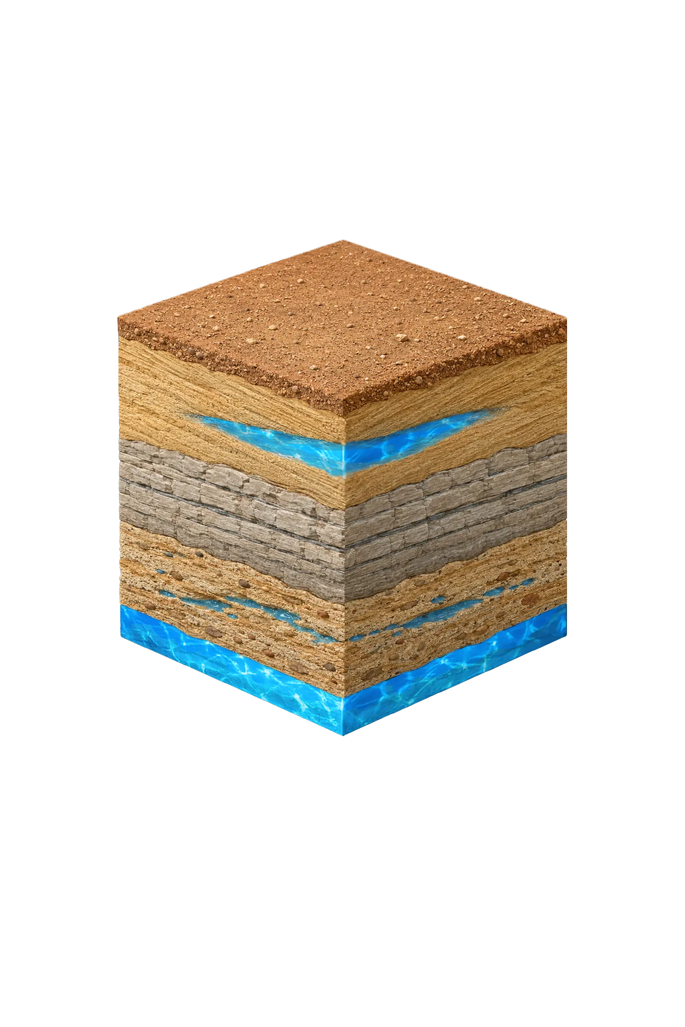 Isometric geological cross-section cube illustration showing Johnson County, Texas stratigraphy — Topsoil, Austin Chalk (eastern Johnson County confining unit), Eagle Ford Shale (eastern Johnson County confining unit), Washita Group (Main Street, Weno, Denton limestones and shales), Fredericksburg Group (Edwards Limestone, Comanche Peak, Walnut Clay), Paluxy Sand (Trinity upper unit), Glen Rose Formation, Hosston Conglomerate (Trinity basal sand; = Twin Mountains), and the Trinity (Paluxy / Glen Rose / Hensell / Hosston) aquifer at the base.