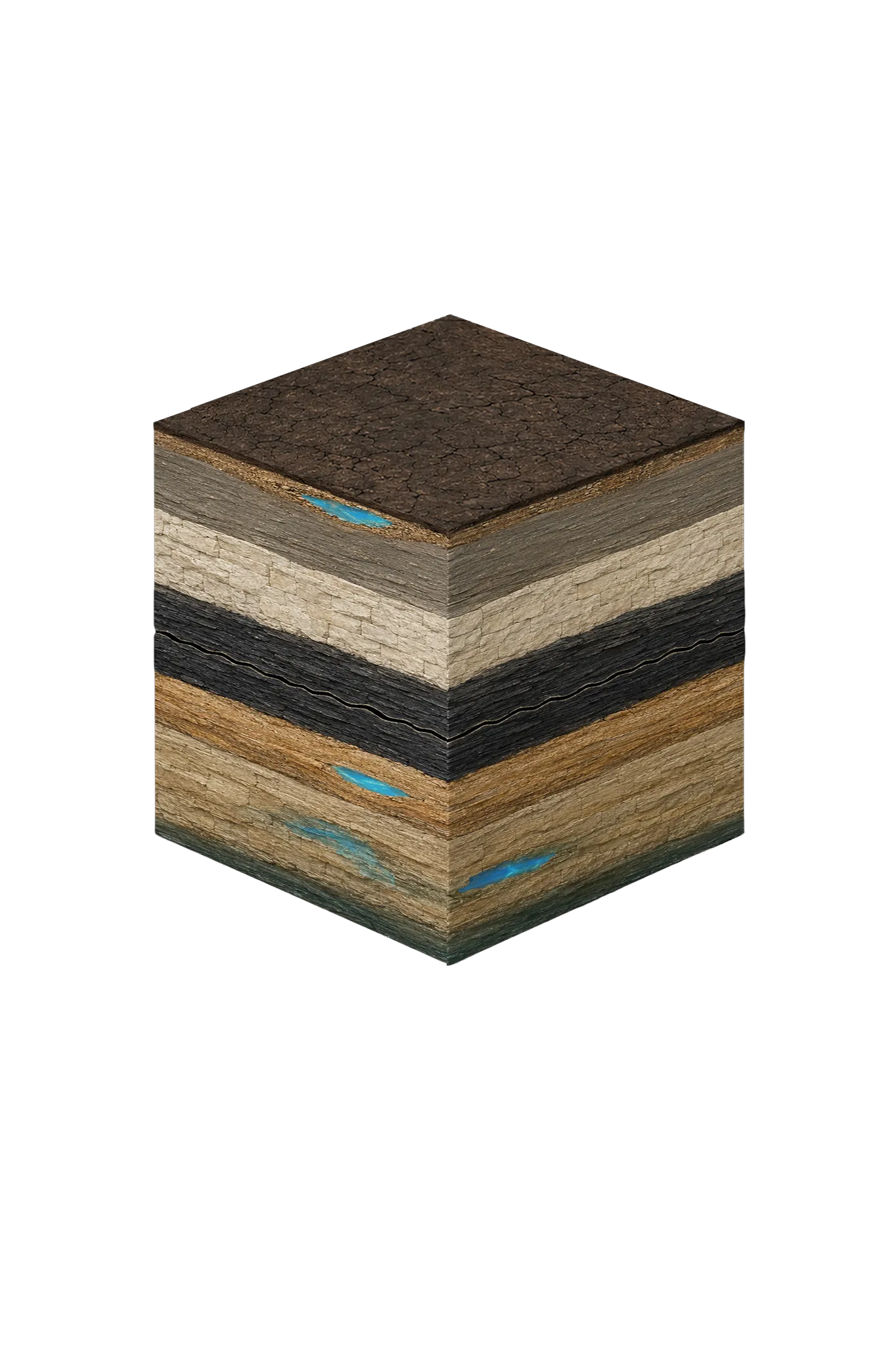 Isometric geological cross-section cube illustration showing Kaufman County, Texas stratigraphy — Topsoil, Taylor Group, Austin Chalk / Eagle Ford, Woodbine Group, Trinity Group (Paluxy, Glen Rose, Twin Mountains), and the Limited groundwater — three distinct scenarios aquifer at the base.