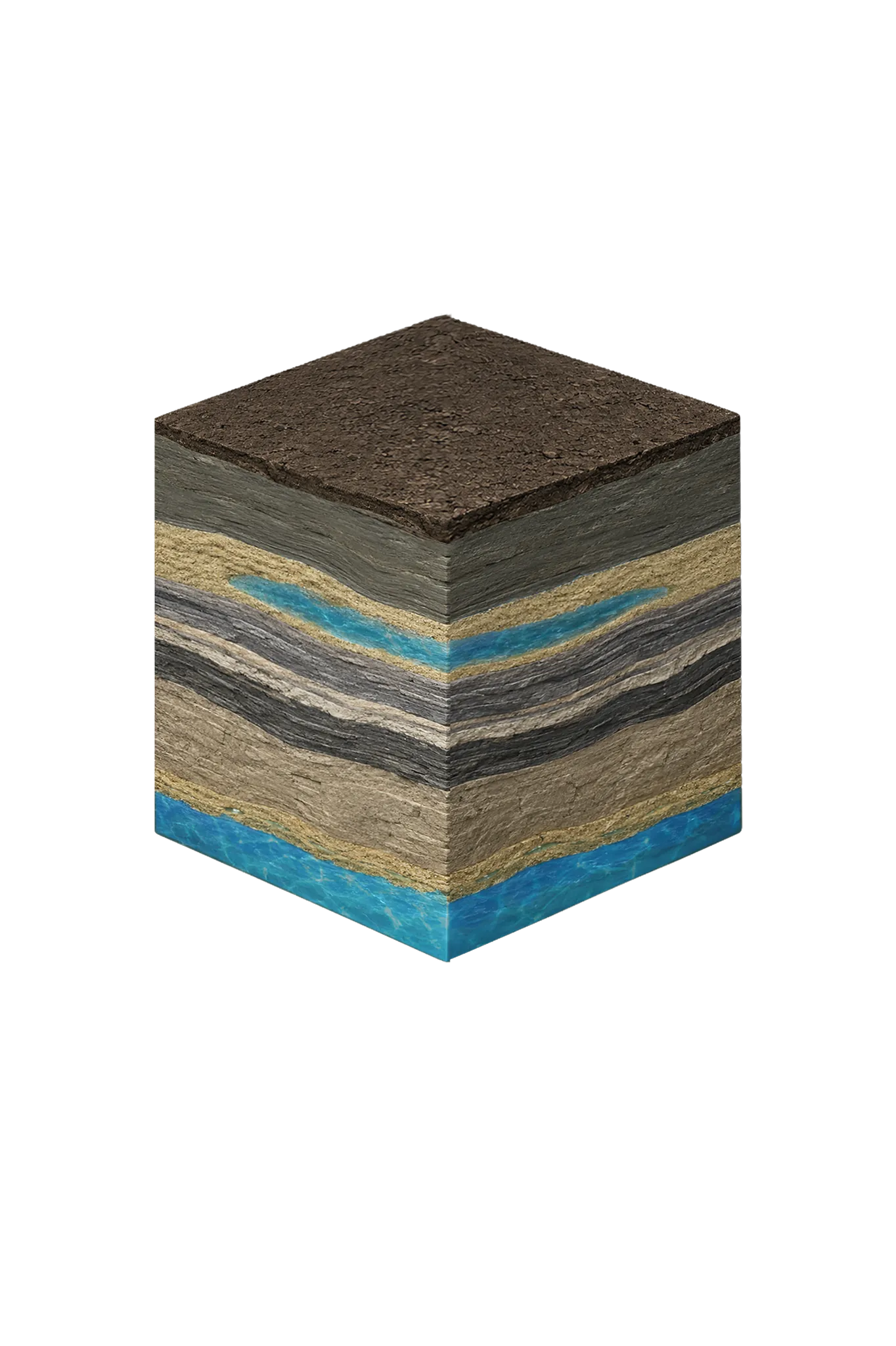 Isometric geological cross-section cube illustration showing Navarro County, Texas stratigraphy — Topsoil, Navarro Group clays and marls (Corsicana Marl, Kemp Clay), Nacatoch Sand, Taylor Group / Austin Chalk / Eagle Ford / Woodbine, Trinity Group, and the Nacatoch Sand aquifer at the base.