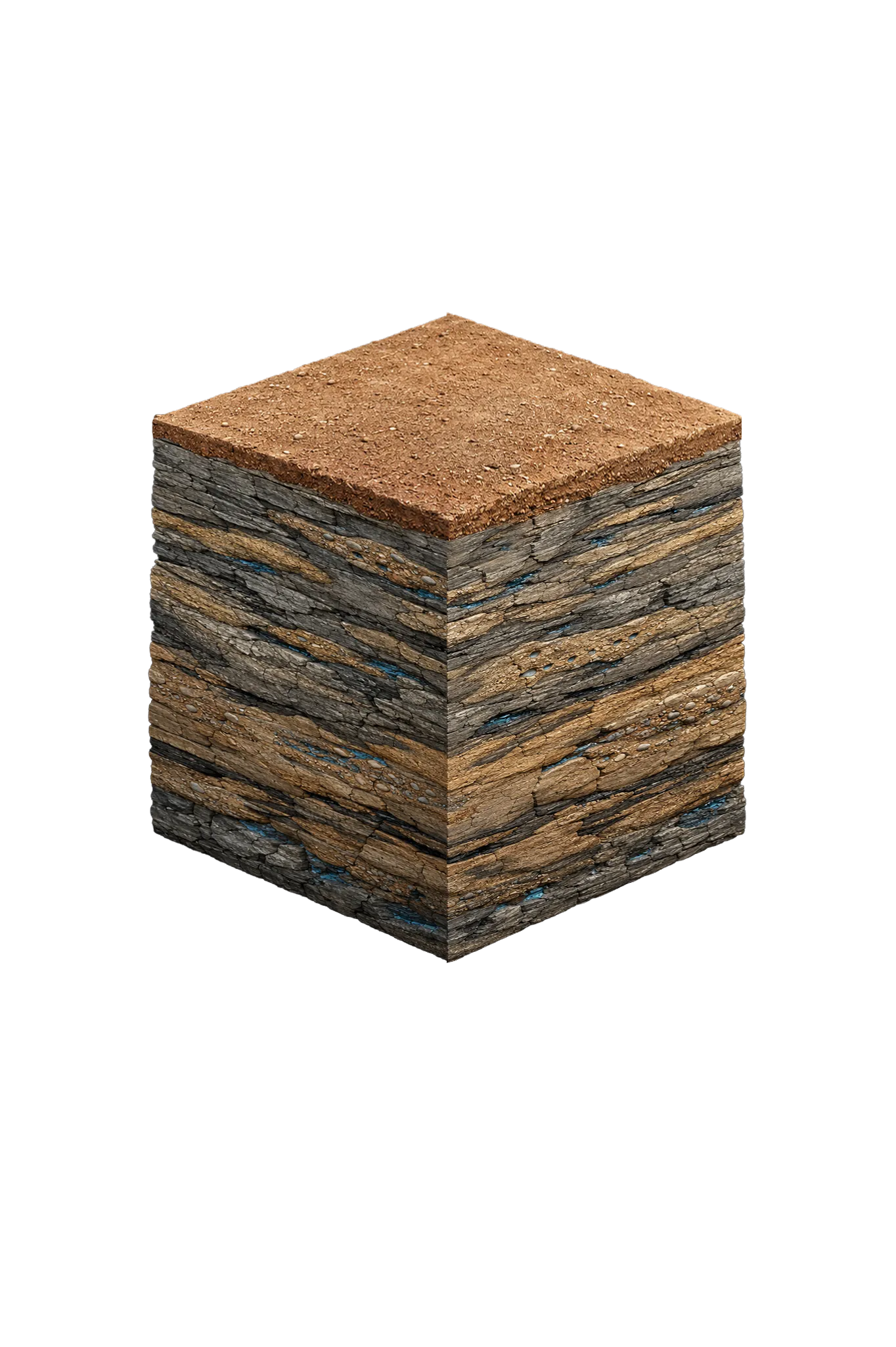 Isometric geological cross-section cube illustration showing Palo Pinto County, Texas stratigraphy — Topsoil, Pennsylvanian Canyon Group, Pennsylvanian Strawn Group, and the Cross Timbers Aquifer (Pennsylvanian) aquifer at the base.