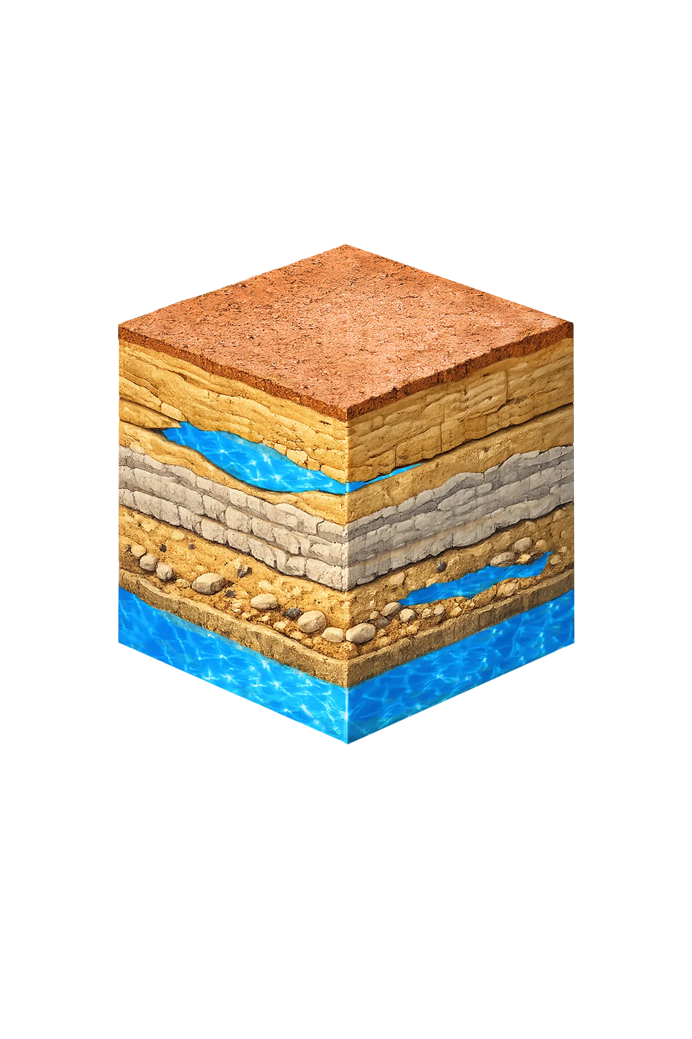Isometric geological cross-section cube illustration showing Parker County, Texas stratigraphy — Topsoil, Paluxy Formation, Glen Rose Formation, Twin Mountains Formation, and the Trinity (Paluxy / Twin Mountains) aquifer at the base.