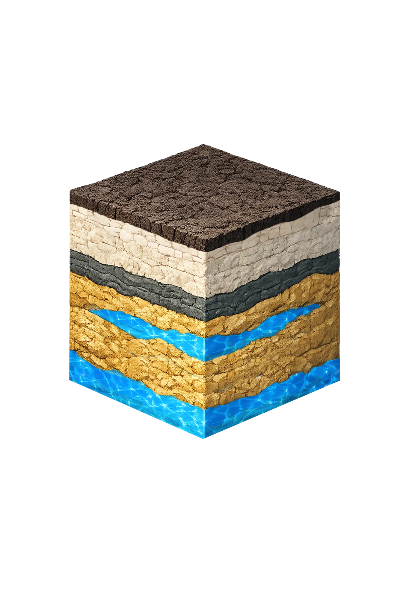 Isometric geological cross-section cube illustration showing Rockwall County, Texas stratigraphy — Topsoil, Quaternary alluvium / terrace (localized), Taylor / Navarro Group, Austin Chalk / Eagle Ford, Woodbine Group, Trinity Group (Paluxy, Glen Rose, Twin Mountains), and the Woodbine (subsurface) aquifer at the base.