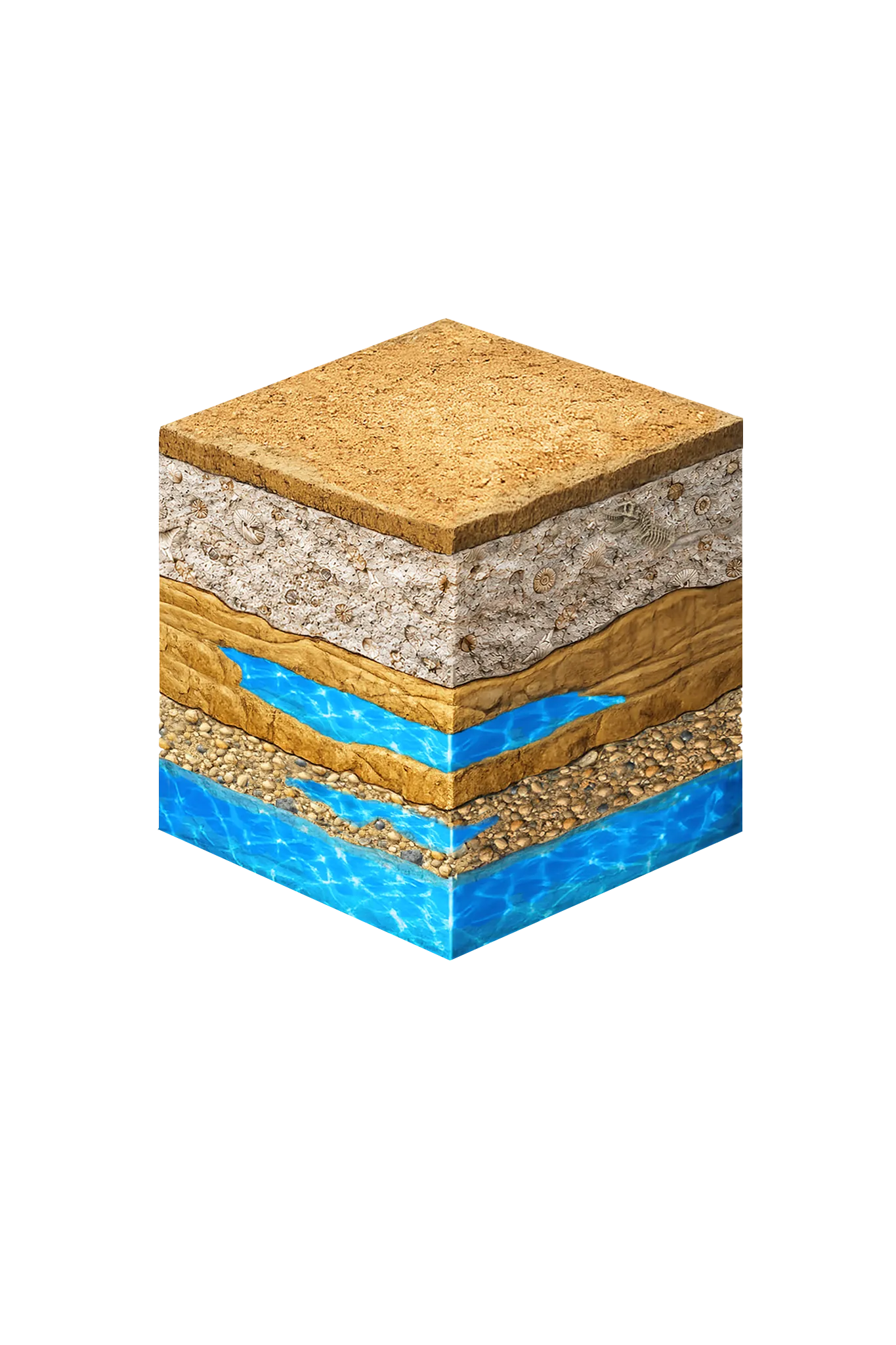 Isometric geological cross-section cube illustration showing Somervell County, Texas stratigraphy — Topsoil, Glen Rose Formation (at surface), Paluxy Formation, Basal Trinity sands (PGCD: Hensell / Hosston; = Twin Mountains in north-central Texas terminology), and the Trinity (Glen Rose / Paluxy / basal Trinity sands — Hensell/Hosston PGCD planning names) aquifer at the base.