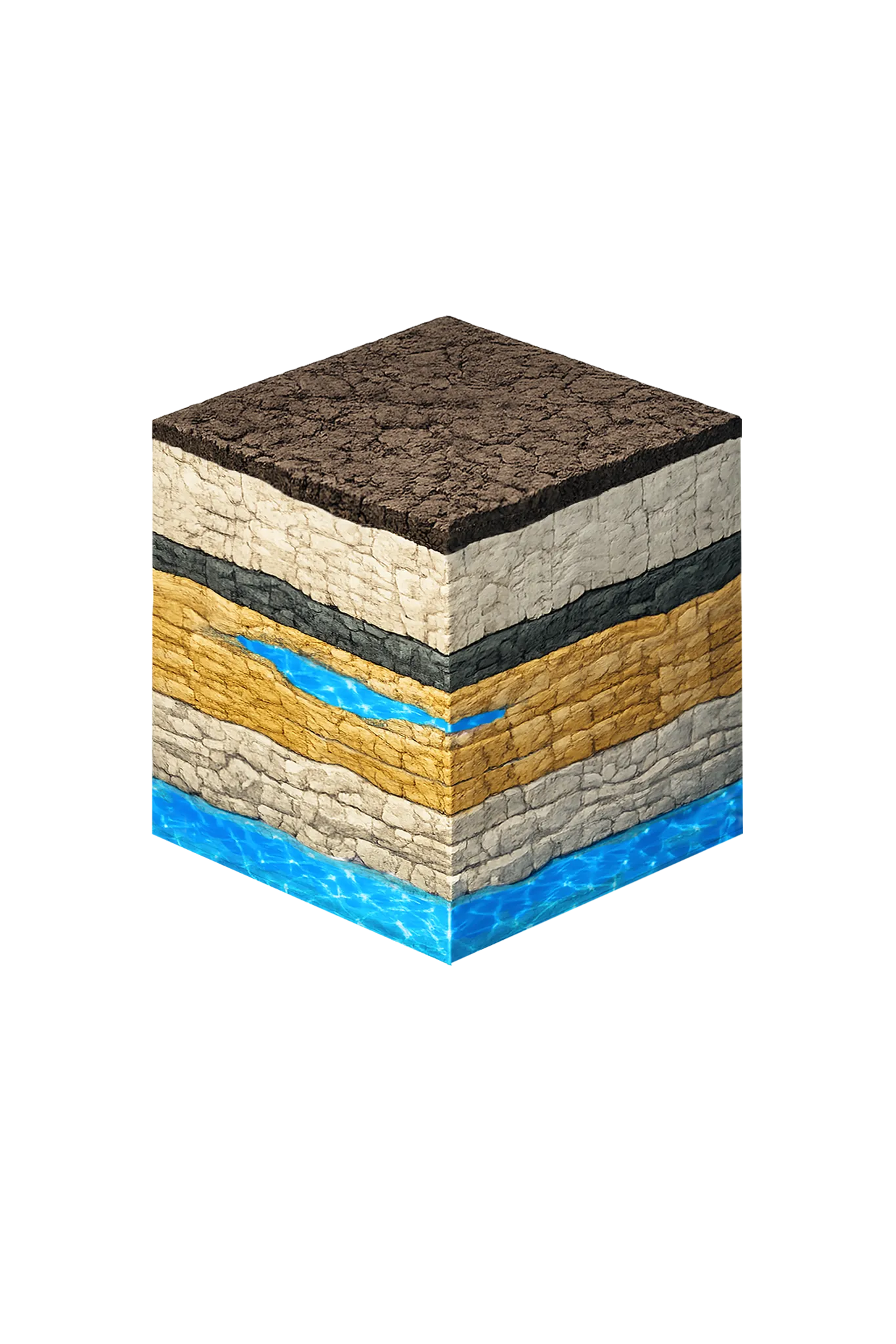 Isometric geological cross-section cube illustration showing Tarrant County, Texas stratigraphy — Topsoil, Quaternary alluvium (Trinity River corridor), Eagle Ford (undifferentiated), Washita Group (Grayson, Mainstreet, PawPaw, Weno, Denton, Fort Worth, Duck Creek), Fredericksburg Group (Kiamichi, Edwards, Comanche Peak, Walnut), Paluxy Formation (Trinity upper unit), Glen Rose Formation, Twin Mountains Formation (with Hensell, Pearsall, Hosston subdivisions), and the Trinity (Paluxy / Twin Mountains, separated by Glen Rose confining unit) aquifer at the base.