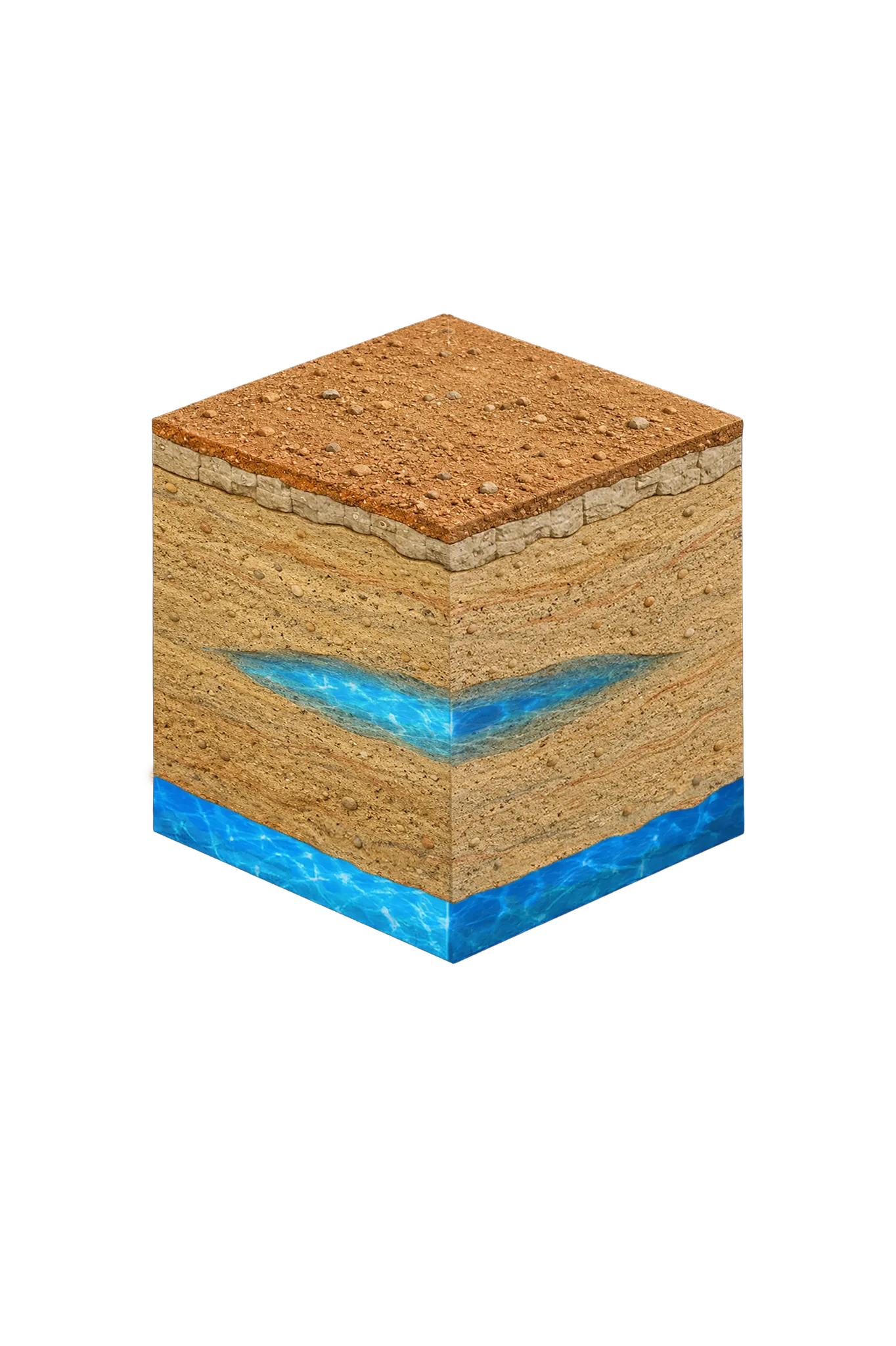 Isometric geological cross-section cube illustration showing Wise County, Texas stratigraphy — Topsoil, Alluvial deposits (localized along major drainages), Comanche Peak / Walnut limestone cap, Paluxy Formation (southern Wise County) / upper Antlers (central and northern Wise County), Glen Rose Formation (eastern Wise County only), Twin Mountains Formation (southern Wise County) / lower Antlers (central and northern Wise County), and the Trinity (Antlers — Paluxy/Twin Mountains coalescence in central/northern Wise County; Paluxy/Glen Rose/Twin Mountains stack in southern Wise County) aquifer at the base.