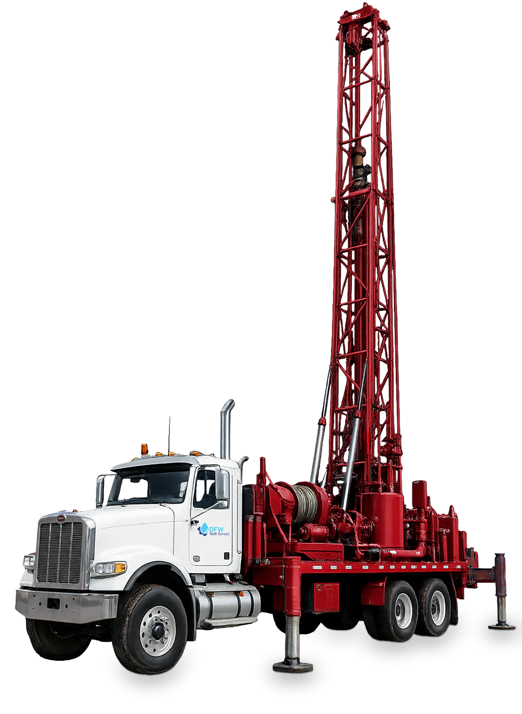 DFW Well Service truck-mounted water well drilling rig, mast raised in working position