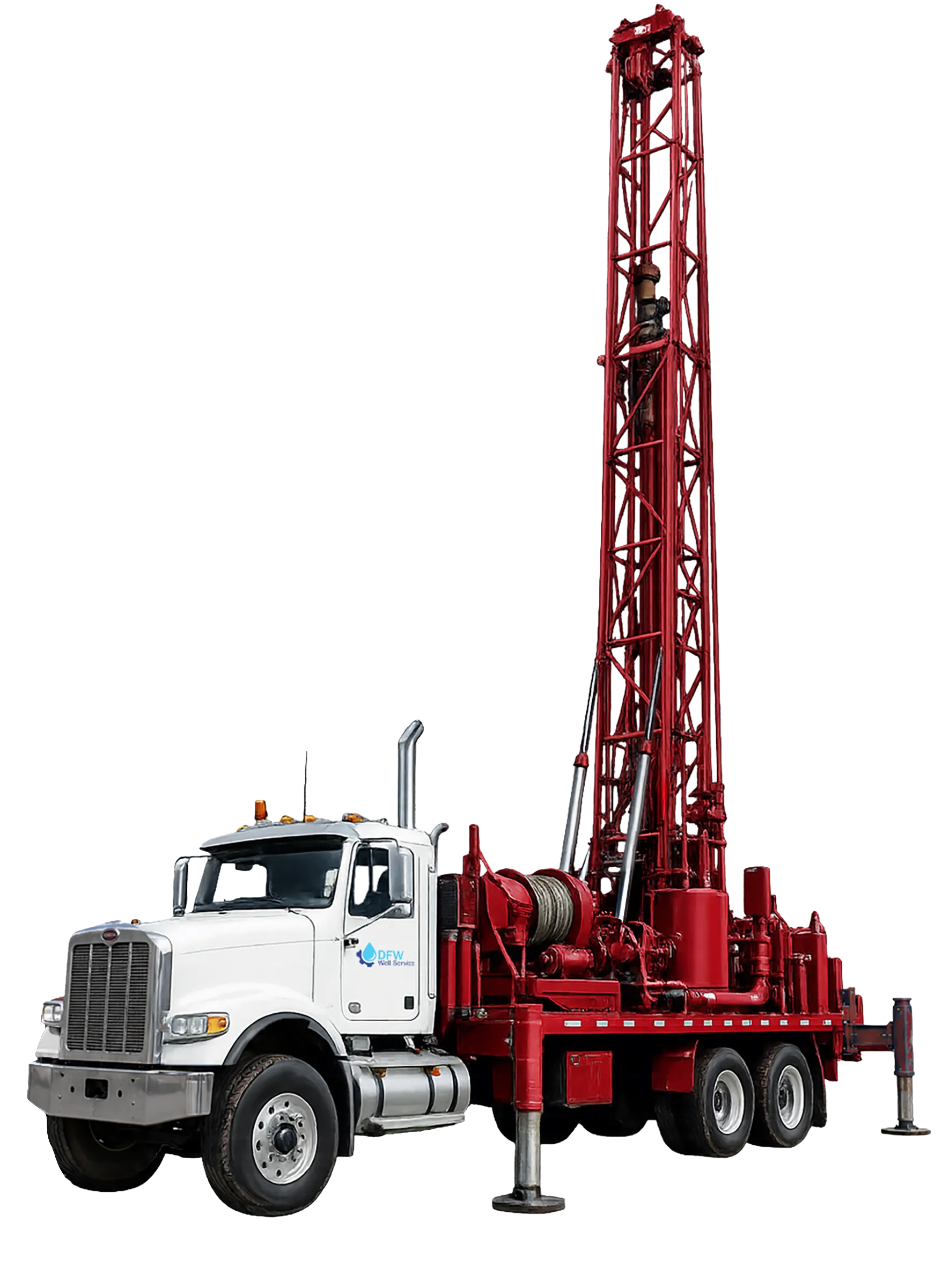 DFW Well Service truck-mounted water well drilling rig, mast raised in working position