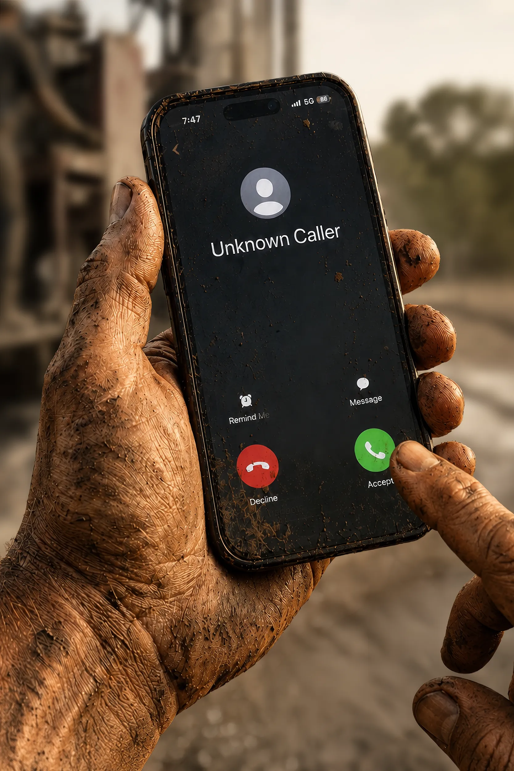 A DFW Well Service driller answering an incoming call on the job site, hands still dirty from the rig
